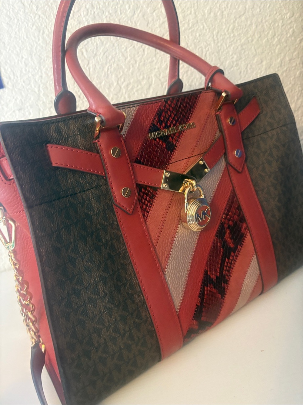 Michael Kors Red and Brown Logo Stripe Satchel with Gold Lock - Picture 2 of 5